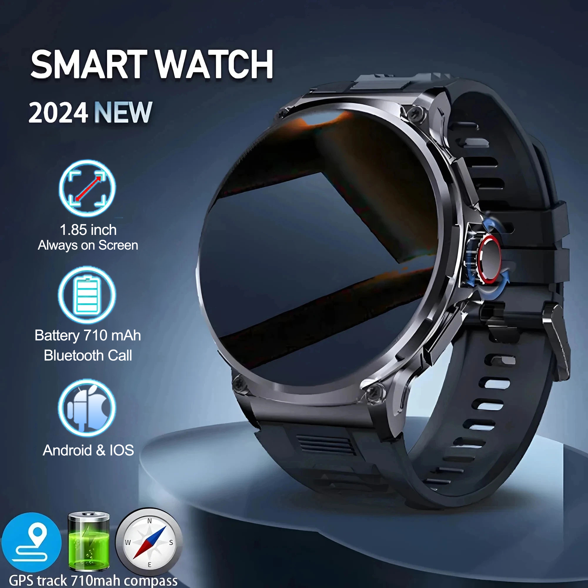 New 1.85-inch ultra AMOLED smartwatch, GPS track, HD Bluetooth call; 710 mah large battery 400+ dial, suitable for Huawei Xiaomi