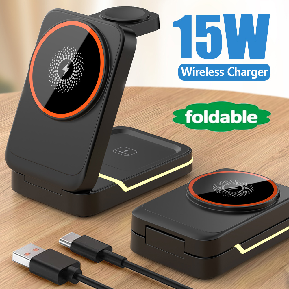 3 in 1 Wireless Charging Station for Apple MagSafe Charger, Foldable Magnetic Travel Charger for iPhone Apple Watch AirPods Pro
