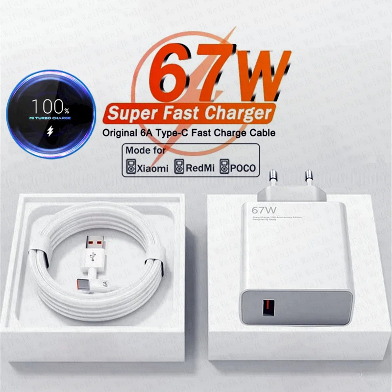 67W GaN Original USB Type C Quick Charger For Xiaomi 14 13 12 Ultra Redmi Samsung Huawei Oneplus POCO Turbo Fast Charging Cable