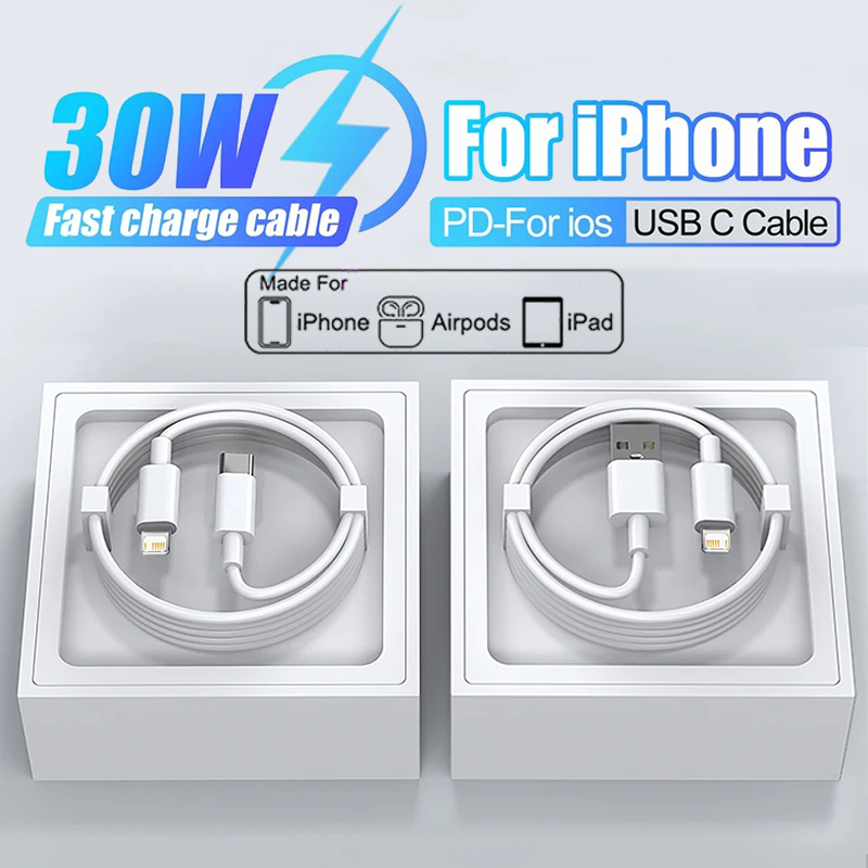 For Apple Original 30W Fast Charging Cable For iPhone 14 13 12 11 15 16 Pro Max X XS XR 8Plus USB Type C Lightnings Charge Cable