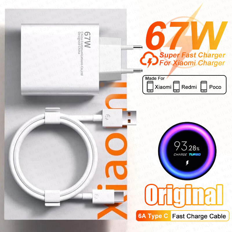 Original 67W USB Charger For Xiaomi Mi 14 13t 12t 11 Ultra Redmi Note 13 12 Pro Turbo Charge Samsung Type C Fast Charging Cable