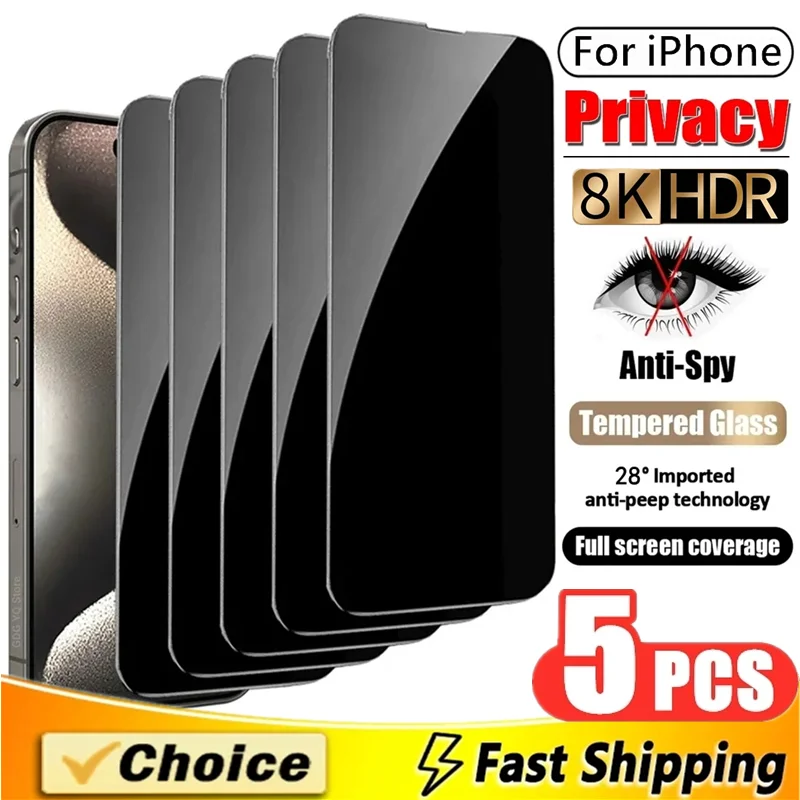 5Pcs Full Cover Privacy Screen Protector For iPhone 15 14 11 12 13 Pro Max 12 13 Mini XR X XS MAX 7 8 15 16 Plus Anti-spy Glass