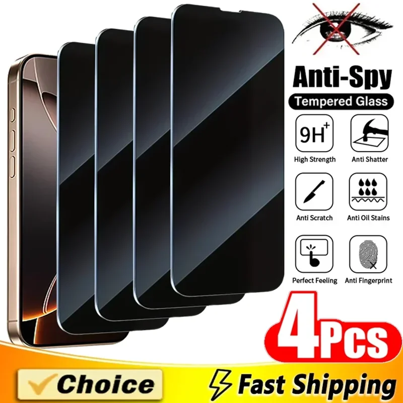4Pcs Full Cover Privacy Screen Protector For iPhone 15 13 12 11 14 16 Pro Max Mini Anti-spy Glass For iPhone XS MAX XR X 8 Plus