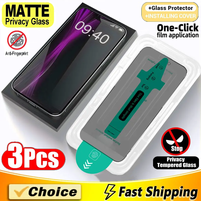 3Pcs Oleophobic Dust Free Easy Installation Matte Privacy Screen Protector For iPhone 16 15 11 12 13 14 Pro Max Plus XS XR Glass