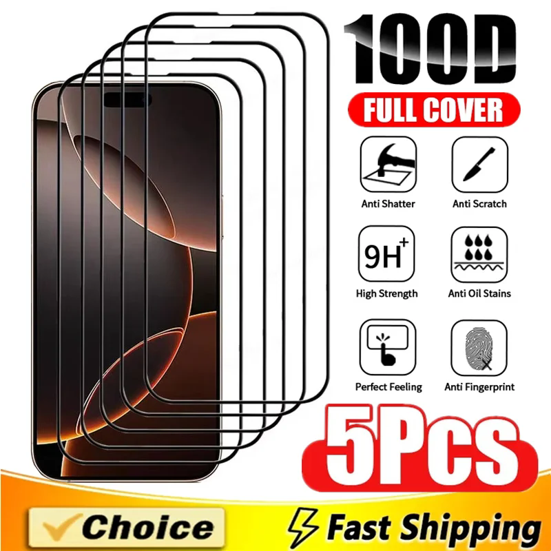 5Pcs 100D Tempered Glass For iPhone 15 14 13 12 11 16 Pro Max Mini Screen Protector For IPhone 16E XR X XS MAX 7 8 Plus SE Glass
